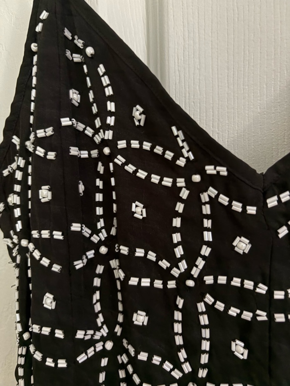 NBD Black Beaded Strapless Romper with White Geometric Embellishment